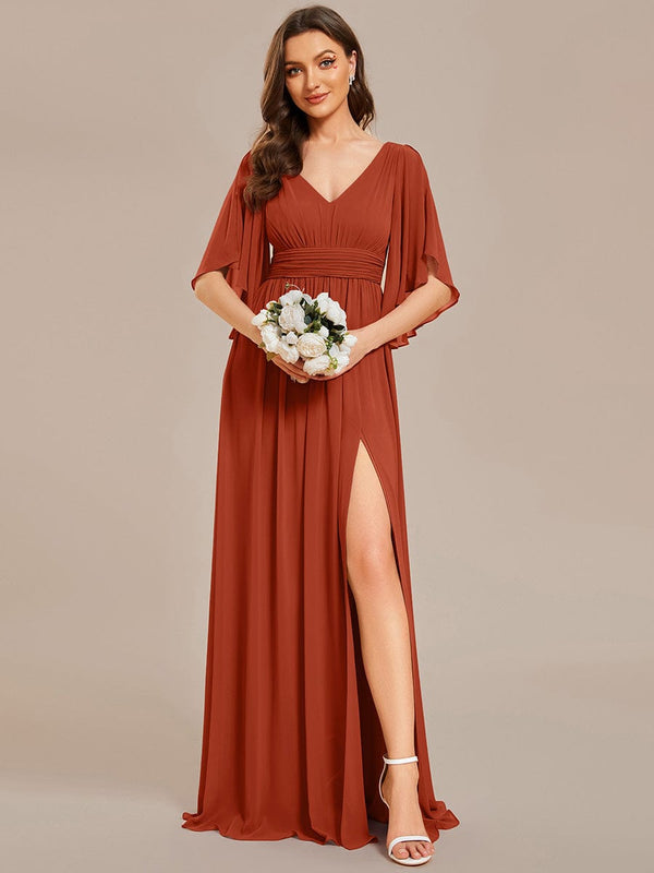 Chiffon A-Line Half Sleeves High Slit Bridesmaid Dress