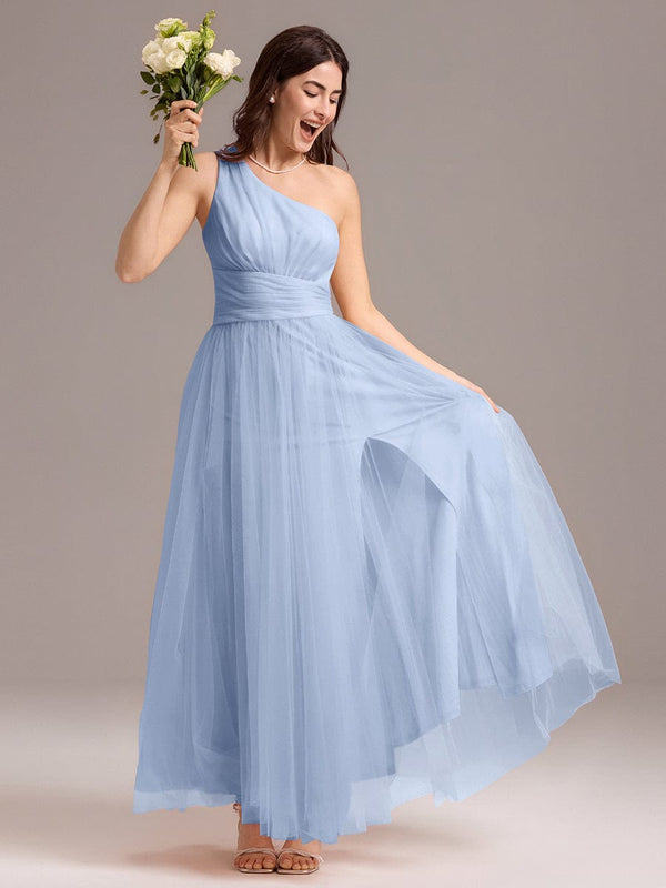 Designer A-line One Shoulder Maxi Tulle Bridesmaid Dress