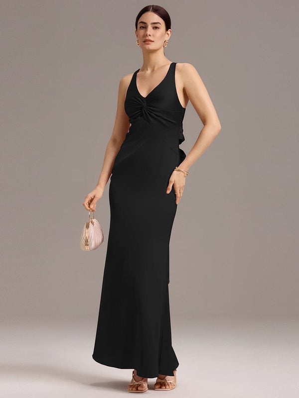 Knot Front Mermaid Cross Back Bow Tie Satin Maxi Bridesmaid Dress