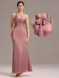 Knot Front Mermaid Cross Back Bow Tie Satin Maxi Bridesmaid Dress