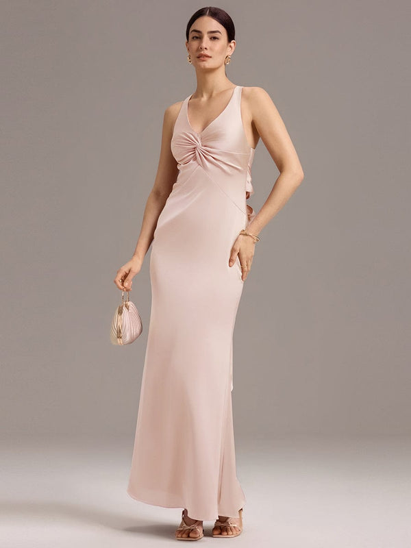 Knot Front Mermaid Cross Back Bow Tie Satin Maxi Bridesmaid Dress