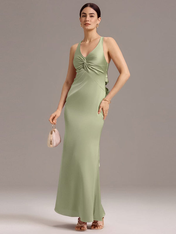 Knot Front Mermaid Cross Back Bow Tie Satin Maxi Bridesmaid Dress