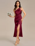 High Slit One Shoulder Mermaid Satin Bridesmaid Dress
