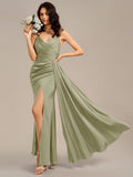 Designer Spaghetti Straps Side Slit Mermaid Satin Bridesmaid Dress