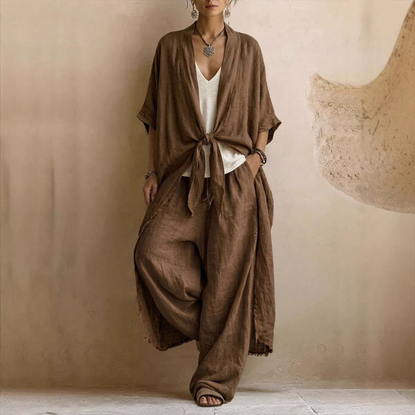 Oversized Linen Kimono & Wide Leg Pants Two-Piece Set