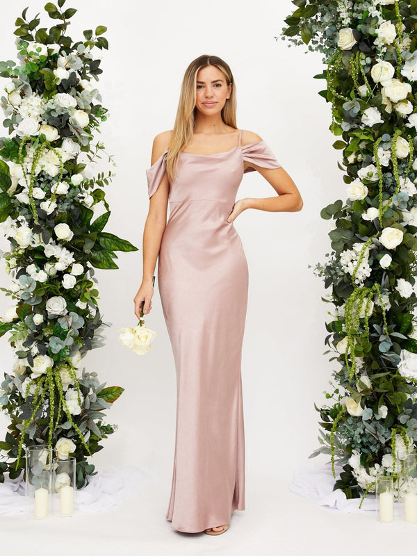 Cowl Neck Maxi Satin Dress, Blush