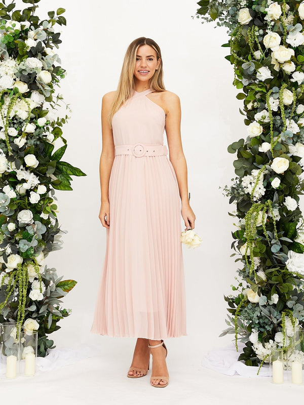 Cross Neck Pleated Midaxi Chiffon Dress, Blush