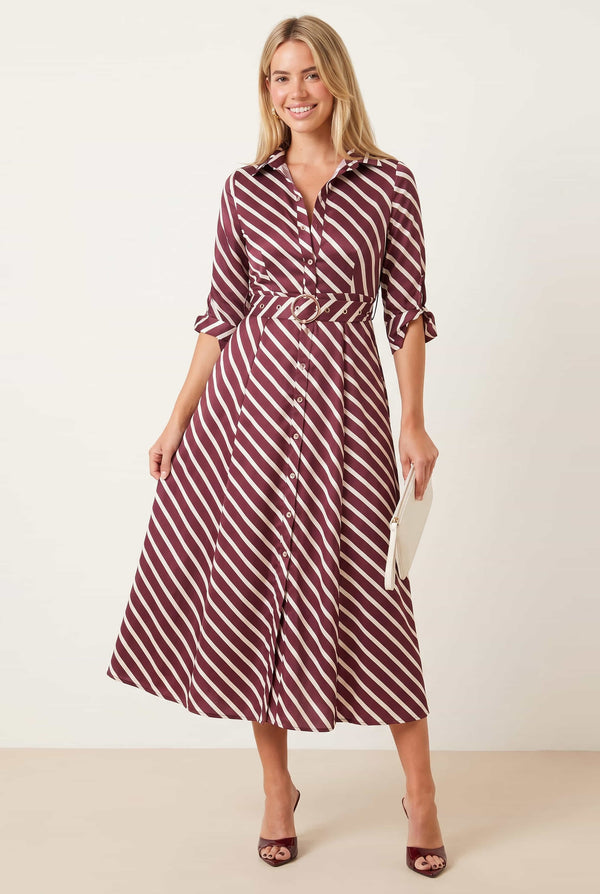 Daphne Belted Shirt Dress, Red Stripe