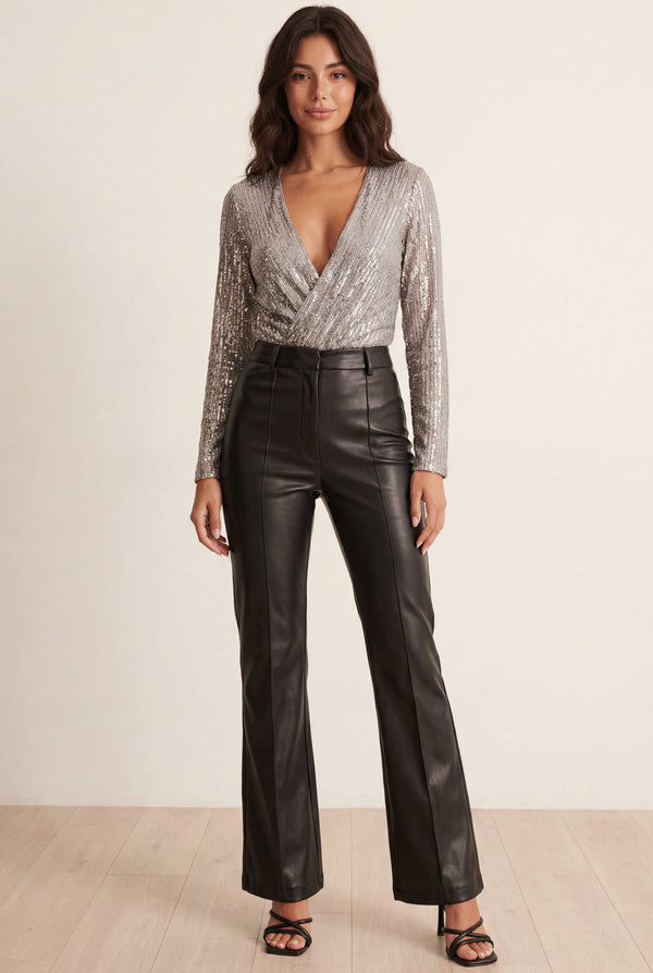 Ruby Wrap Sequin Bodysuit, Silver
