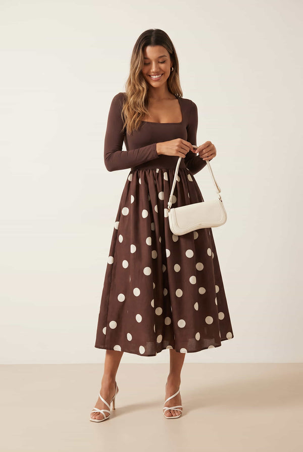 Sadie Chocolate Brown and Cream Polka Dot Long Sleeve Midi Dress