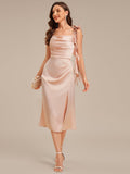 Ruffled Satin Midi Guest Dress with Slit