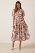 Puff Sleeve V Neck Midi Dress