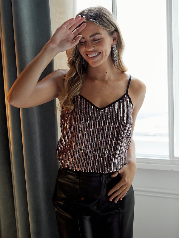 Daya Sequin V Neck Top, Stripe