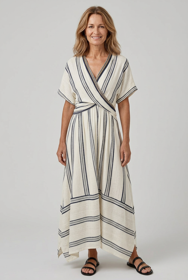 Thalassa V Neck Short Sleeve Wrap Waist Midi Dress