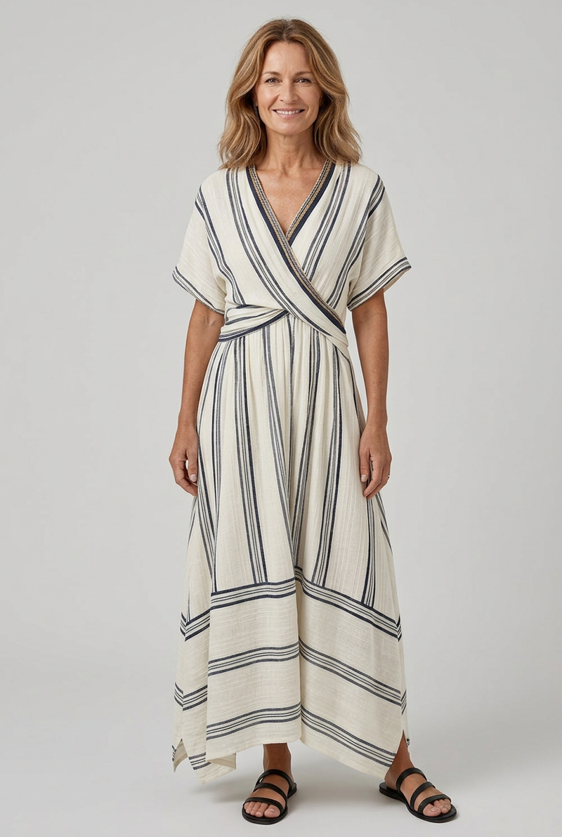 Thalassa V Neck Short Sleeve Wrap Waist Midi Dress