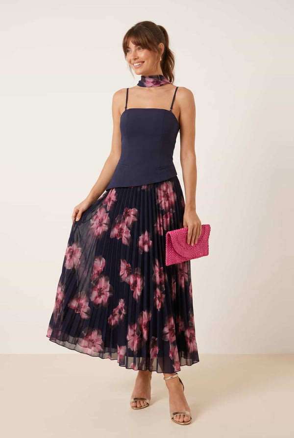 Viola Scarf Bandeau Pleat Dress in Navy