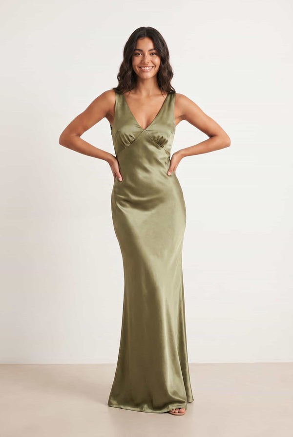 V Neck Satin Maxi Dress, Olive