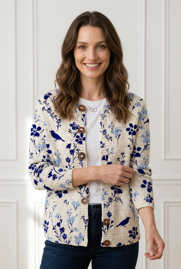 Vynora Vintage Floral Bird Print Button-Front Cardigan Sweater