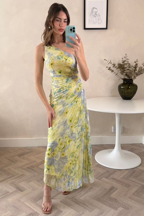 Marley Asymmetric Pleated Maxi Dress, Yellow Floral