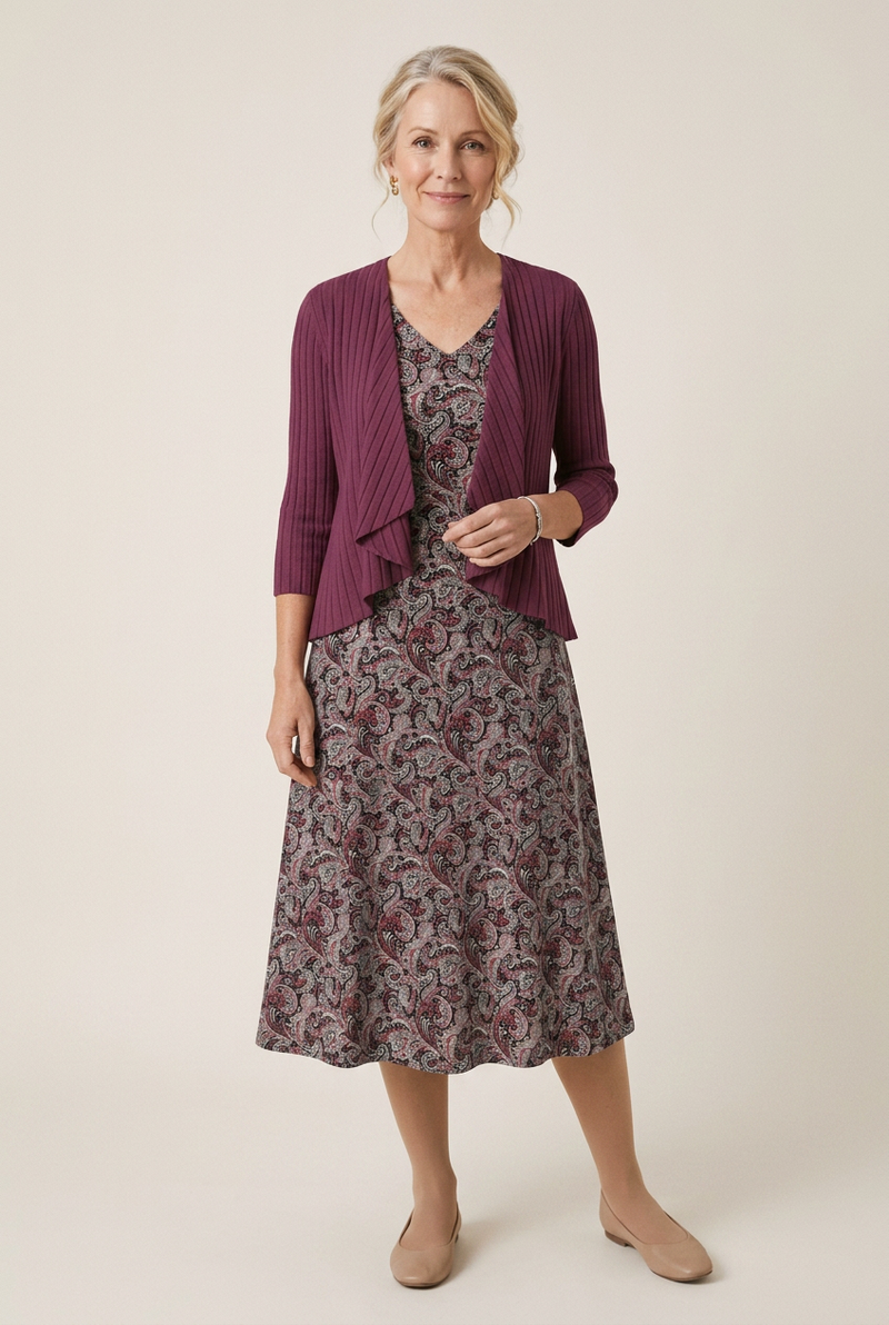 Yvonne Wine Paisley Dress & Cardigan