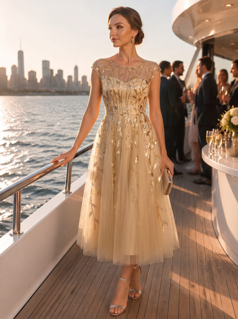 Sequin A-Line Tea Length Dress with Cap Sleeves