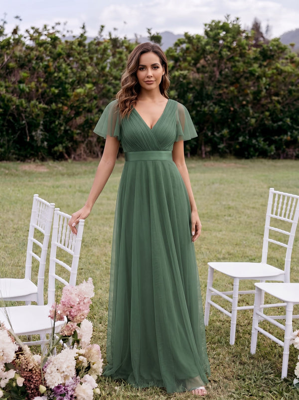 Double V-Neck Tulle Floor-Length Bridesmaid Dress