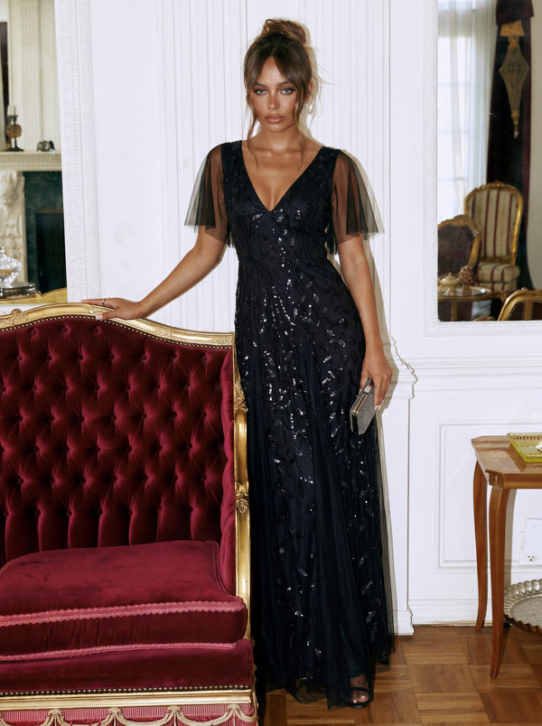 Romantic Shimmery V Neck Ruffle Sleeves Maxi Long Evening Gowns
