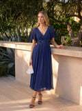 V-Neck Chiffon Midi Wedding Guest Dress with Waist Applique (Final Sale)