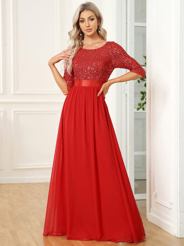 Round Neckline 3/4 Sleeve Sequins Patchwork Evening Dress