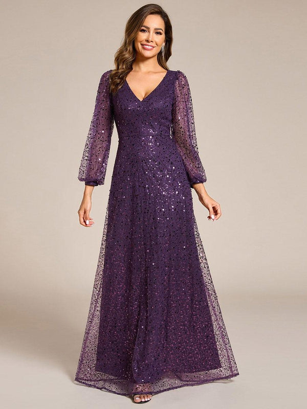 V-Neck Lantern Long Sleeve Sequin A-Line Evening Dress