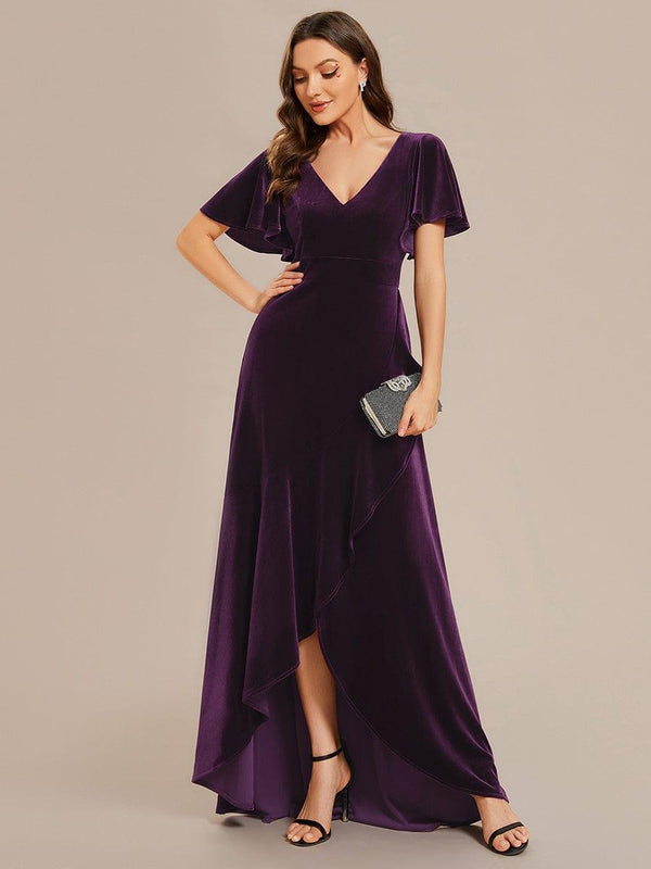 Double V-Neck Short Sleeves Velvet Evening Dress