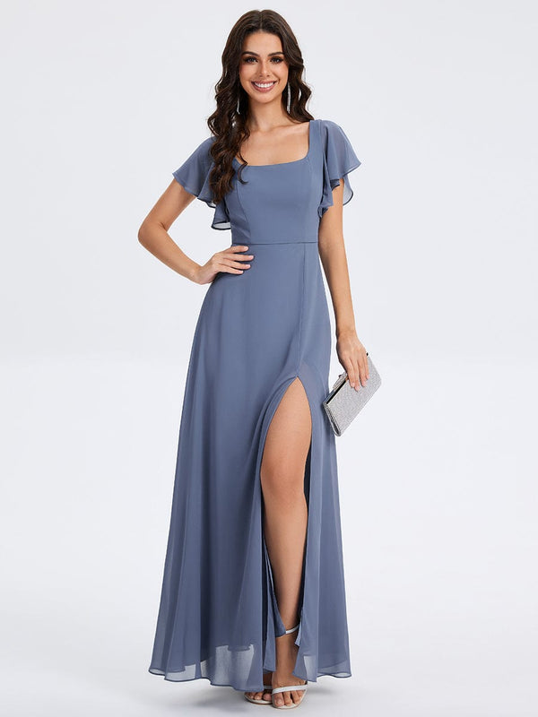Floral Tie Back Ruffle Sleeves Square Neck Maxi Evening Dress