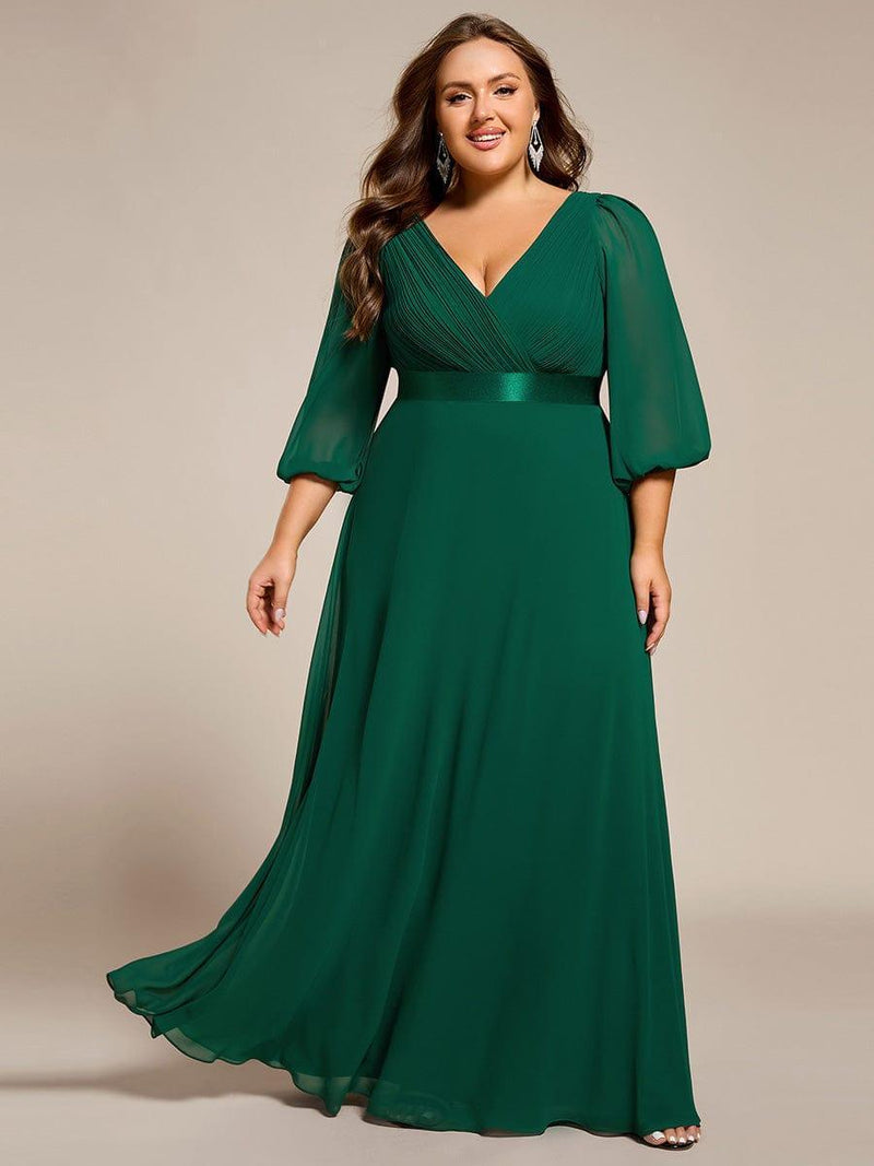 Plus Size Pleated Chiffon Long Sleeve Empire Waist Maxi Evening Dress