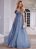 Sparkling V-Neck Cold-Shoulder Pleated Evening Dress with Floral Details