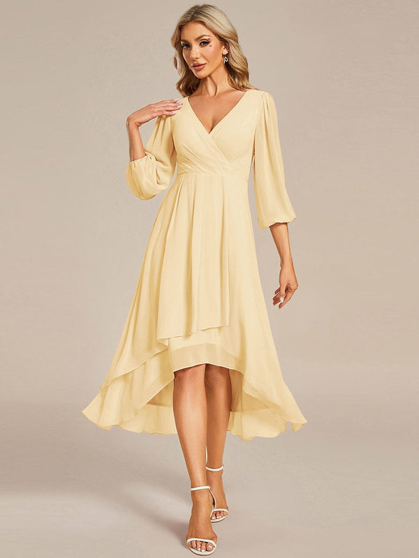 Chiffon 3/4 Sleeve V-Neck High-Low Wedding Guest Dress