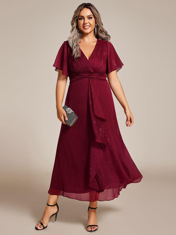 Plus Size Glitter Short Sleeve A-Line Midi Wedding Guest Dress