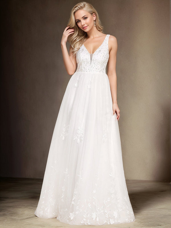 Sleeveless V-Neck A Line Embroidered Wedding Dress
