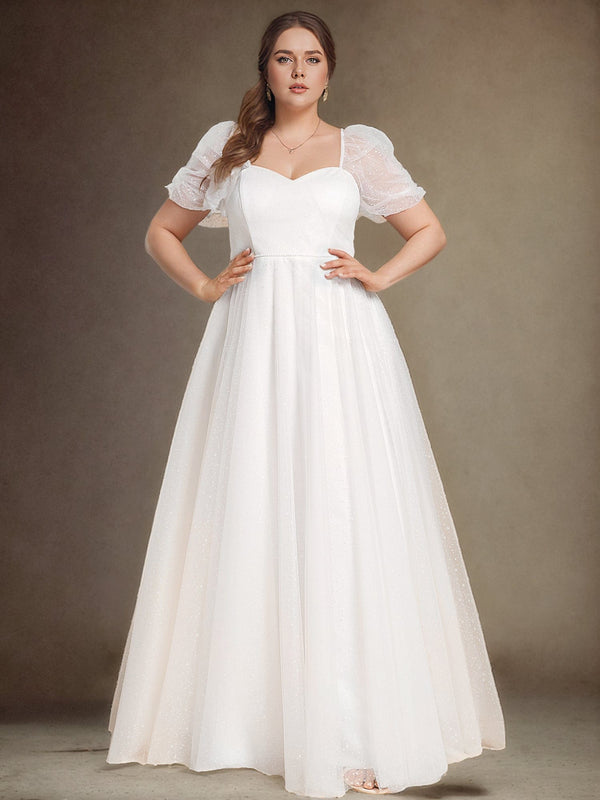 Plus Size Short-Sleeved A-Line Wedding Dress with Sweetheart