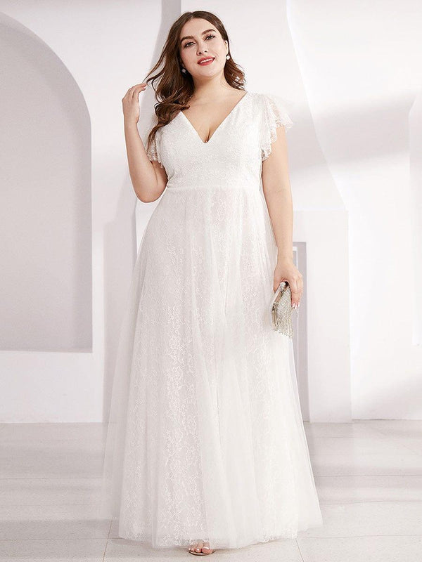 Maxi Long Plus Size Lace Evening Dresses with Ruffle Sleeves