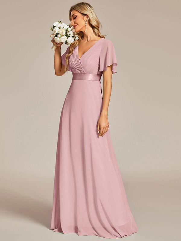 High Waist Maxi Chiffon Bridesmaid Dress with Short Sleeves