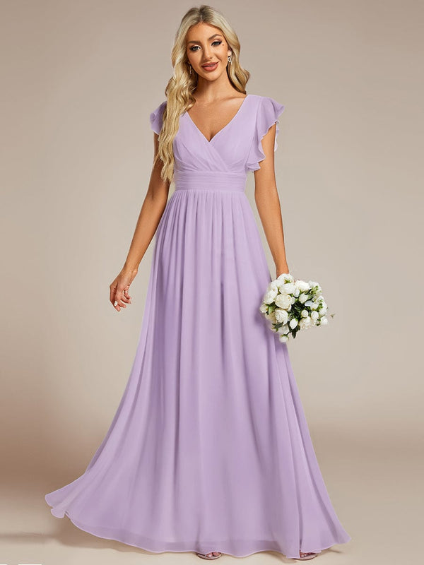 Elegant V-Neck Open Back Ruffled Sleeves Chiffon Bridesmaid Dress