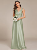 Sleeveless Empire Waist Satin Maxi Bridesmaid Dress With Pockets In Sage Green