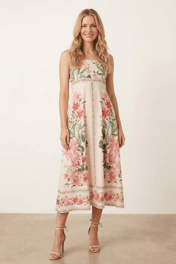Strappy Scarf Print Floral Dress in Cream and Pink