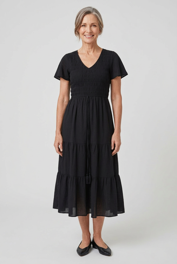 V Neck Shirred Midi Dress