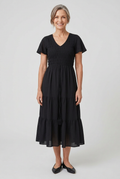 V Neck Shirred Midi Dress