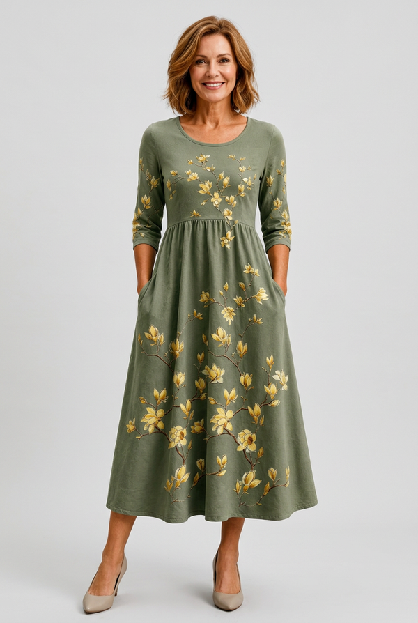 Sage Blossom Grace Pocket Midi Dress