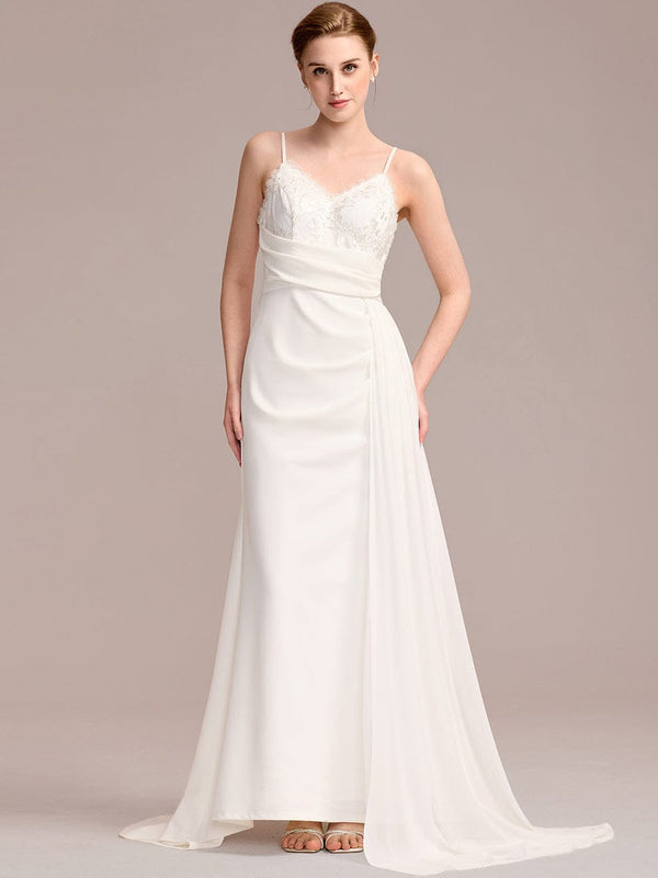 Sleeveless V-Neck Embroidered Wedding Dress with Ribbons