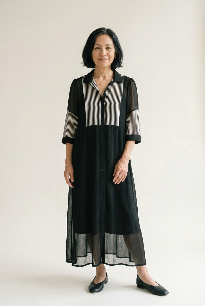 Sheila Striped-Sleeve Chiffon Midi Dress