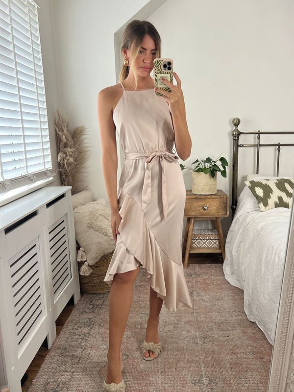 Ariana Halter Frill Dress, Oyster